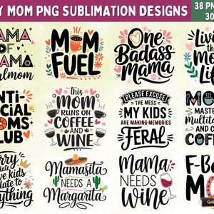 38 lustige Mama Zitate PNG Sublimations Bündel | Hochauflösende Mutterschaft Sublimations Designs für T-Shirts, Tassen, Geschenke, Tragetaschen, Grußkarten