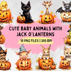 10 Cute Halloween Animals with Jack o&#39;Lanterns | Watercolor Sublimation Bundle | Clipart PNG Files
