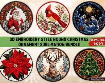 3D Embroidery Style Round Christmas Ornament Sublimation Bundle | 34 PNG Files | Round Clipart Designs for Christmas Ornaments, Coasters