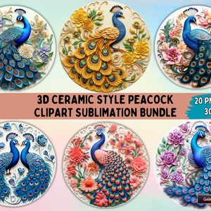 3D Keramik Stil Pfau rund Pfau Clipart Sublimationspaket | 20 PNG Dateien für Ornamente, Tassen, Untersetzer, Einladungen, T-shirts, Wandkunst
