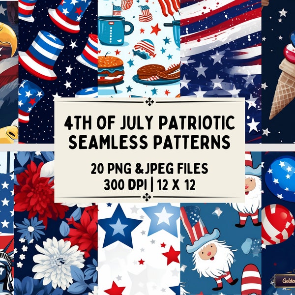 20 Patriotic 4th of July Seamless Patterns | PNG & JPEG USA Independence Day Digital Paper Set for Fabrics, Wallpaper, Wrapping Paper