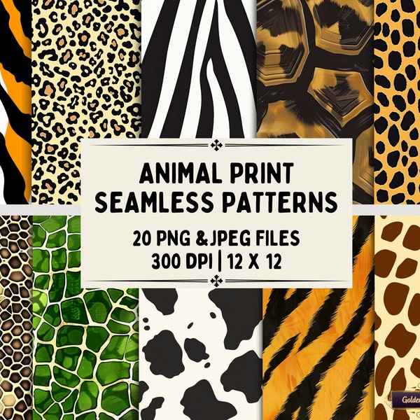 Animal Print Seamless Patterns | 20 PNG & JPEG Files | Animal Print Digital Paper Set