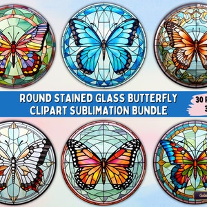 Rundes Buntglas-Schmetterlings-Clipart-Sublimationspaket | 30 PNG-Dateien für Karten, Schilder, Untersetzer, Schlüsselanhänger, Tassen, T-Shirts, Wandkunst