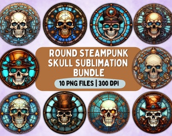 Round Steampunk Skull Clipart Sublimation Bundle | 10 PNG Files for Coasters, Mugs, Wall Art, T-Shirts, Scrapbooking, Halloween Sublimation