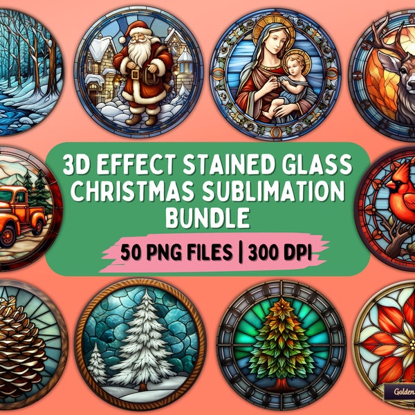 Christmas Stained Glass Sublimation Designs Bundle | 50 PNG Files for Stained Glass Christmas Ornaments, Xmas Tree Balls + More