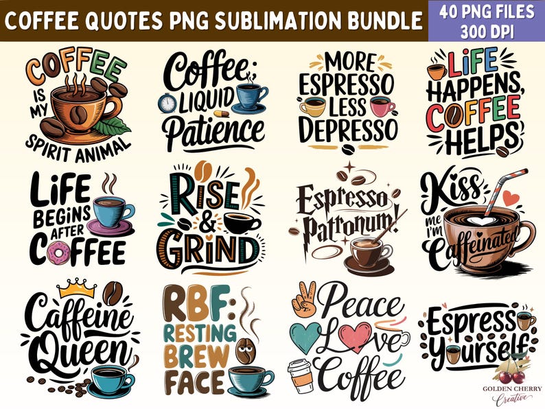 May include: A set of 12 colorful digital illustrations featuring coffee puns and quotes. The illustrations are perfect for use on mugs, t-shirts, and other merchandise.