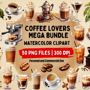コーヒー愛好家向けメガバンドル | 水彩クリップアート | 50 PNG ファイル 個人および商用利用 - カフェ メニュー、レストラン メニュー、ソーシャル メディア、チラシ