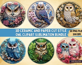 3D Round Ceramic and Paper Cut Style Floral Owl Clipart Sublimation Bundle | 30 PNG Files for Ornaments, Coasters, Mugs, Cards, T-shirts,