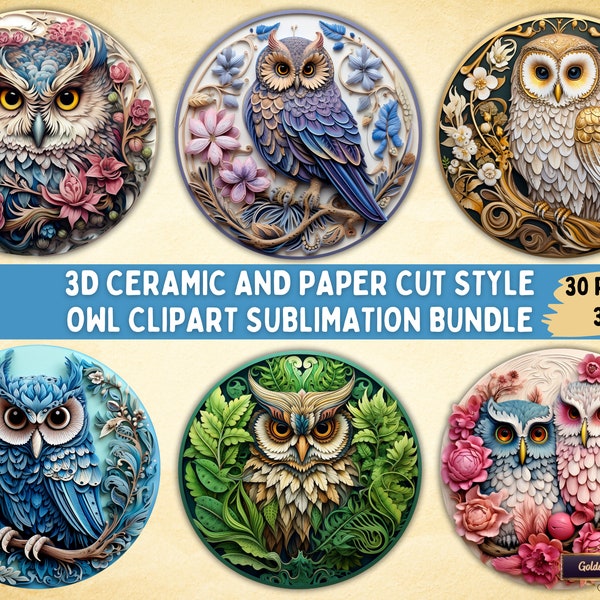 3D rond en céramique et papier découpé style Floral Owl Clipart Sublimation Bundle | 30 fichiers PNG pour ornements, sous-verres, tasses, cartes, T-shirts,