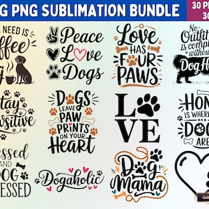 30 honden PNG-sublimatiebundel | Sublimatieontwerpen voor hondenliefhebbers, grappige hondencitaten voor T-shirts, mokken, geschenken, draagtassen, wenskaarten