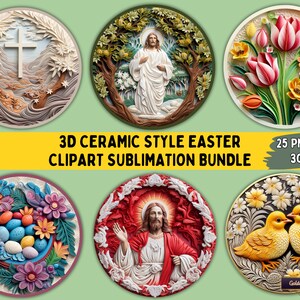 3D rund Keramik Stil Ostern Ornamente Clipart Sublimations Bundle | 25 PNG Dateien für Ornamente, Untersetzer, Tassen, Karten, T-shirts, Wandkunst