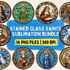 Stained Glass Saints Sublimationspaket | 14 PNG-Dateien | Christliche religiöse Clipart | Runde Designs für Ornamente, Untersetzer, Tassen, T-Shirts