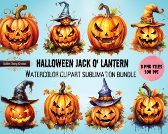 Pacchetto di clipart ad acquerello di Halloween Jack O'Lantern (download digitale PNG)