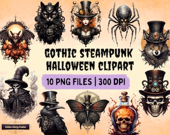 Gothic Steampunk Halloween Clipart Bundle | 10 PNG Files for sublimation, mugs, potion labels, apothecary labels, Halloween decorations