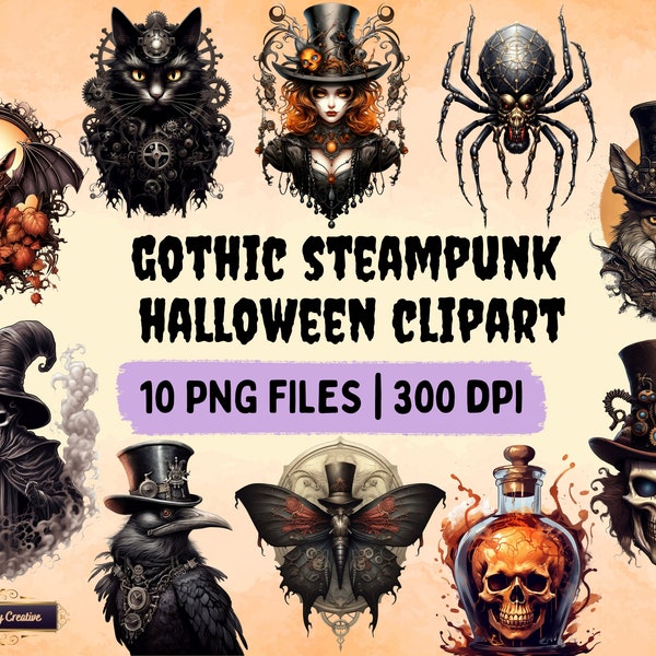 Gothic Steampunk Halloween Clipart Bundle | 10 PNG Files for sublimation, mugs, potion labels, apothecary labels, Halloween decorations