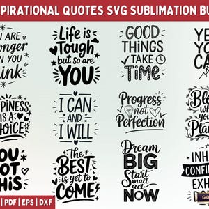 12 citazioni positive ispiratrici SVG Sublimation Bundle / Disegni di sublimazione ad alta risoluzione per magliette, tazze, regali, borse tote