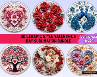 3D Ceramic Style Round Valentine's Day Sublimation Bundle | 30 PNG Files For Valentine's Day Ornaments, Coasters, Mugs, Love Cards, T-shirts