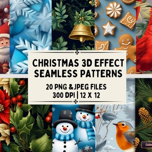 20 patrones navideños sin costuras con efecto 3D / Juego de papel digital PNG y JPEG para fondos, álbumes de recortes, papeles tapiz, telas y uso comercial