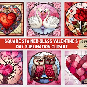 Può includere: Un set di sei immagini clipart di sublimazione in vetro colorato quadrato per San Valentino. Le immagini presentano un cuore rosso, una coppia di cigni bianchi, una rosa rossa, un albero con un tronco a forma di cuore, due gufi e un cuore rosa.