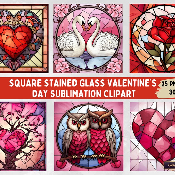 Square Stained Glass Valentine's Day Clipart Sublimation Bundle | 25 PNG Files for Ornaments, Love Cards, Wall Art, Coasters, Tote Bags