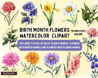 Birth Month Flowers Watercolor Clipart: 36 PNG Files (Digital Download)