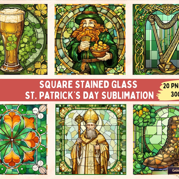 Square Stained Glass St. Patrick's Day Clipart Sublimation Bundle | 20 PNG Files for Ornaments, Cards, Wall Art, Coasters, Tote Bags