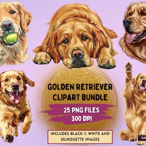 Golden Retriever Clipart Dogs Bundle / 25 archivos PNG de alta calidad - Descarga instantánea
