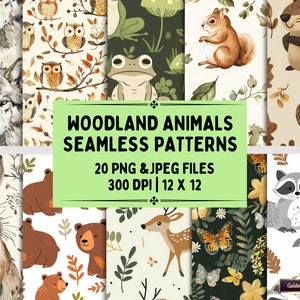 Woodland Animals Seamless Patterns | 20 PNG & JPEG Files | Forest Animals Digital Paper Set