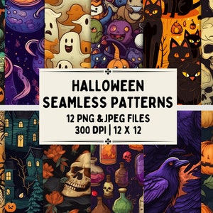 12 Halloween Seamless Patterns | PNG & JPEG Digital Paper Set for backgrounds, scrapbooking projects, wallpapers, textiles