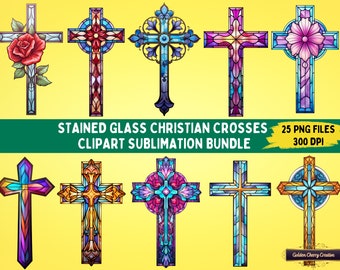 Stained Glass Christian Crosses Clipart: Sublimation PNG Bundle (25 Files)