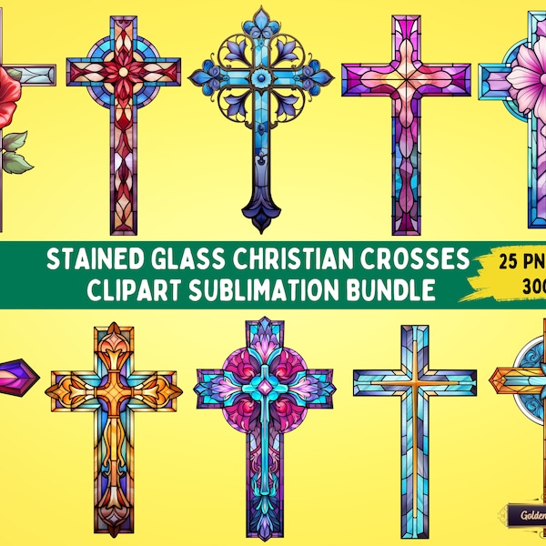 Stained Glass Christian Crosses Clipart Sublimation Bundle | 25 PNG Files for Scrapbooking, T-shirts, Easter Cards, Mugs and Wall Art