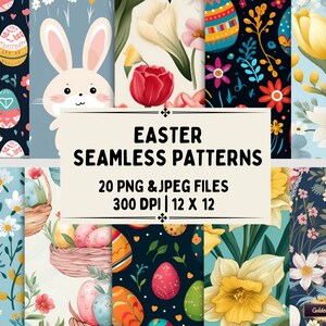 Lot de 20 modèles sans couture de Pâques | PNG & JPEG Digital Paper Set pour arrière-plans, projets de scrapbooking, fonds d’écran, textiles, papeterie