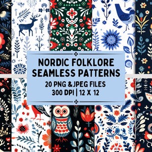 Modelli senza soluzione di continuità del folklore nordico scandinavo / 20 file PNG e JPEG / Set di carta digitale con animali della foresta