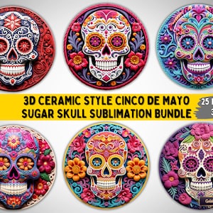 Paquete de sublimación de calaveras de azúcar redondas de cerámica en 3D / 25 archivos PNG para adornos, posavasos, tazas, invitaciones y camisetas del Cinco de Mayo