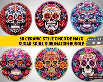 3D Ceramic Style Round Sugar Skull Sublimation Bundle | 25 PNG Files for Cinco de Mayo Ornaments, Coasters, Mugs, Invitations, T-shirts