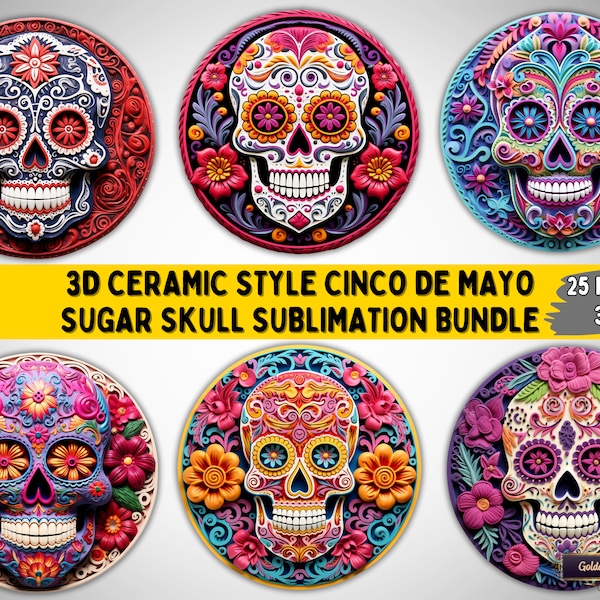 3D Ceramic Style Round Sugar Skull Sublimation Bundle | 25 PNG Files for Cinco de Mayo Ornaments, Coasters, Mugs, Invitations, T-shirts