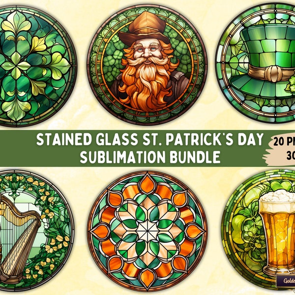 Round Stained Glass St. Patrick's Day Clipart Sublimation Bundle | 20 PNG Files for Ornaments, Cards, Gift Tags, Mugs, Tshirts and more