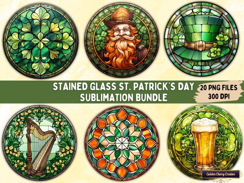 Round Stained Glass St. Patrick's Day Clipart Sublimation Bundle 20 PNG Files for Ornaments, Cards, Gift Tags, Mugs, Tshirts and more image 1