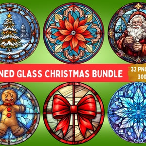 Paquete de Navidad de vidrieras / 32 archivos PNG / Diseños de imágenes prediseñadas redondas para adornos navideños, etiquetas de regalo, posavasos, tazas, camisetas