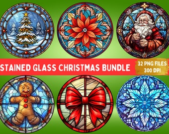 Stained Glass Christmas Clipart Bundle: 32 PNG Files (Digital Download)