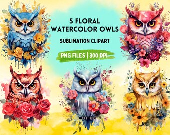 Floral Watercolor Owl Clipart Bundle: PNG Files for Sublimation (Digital Download)