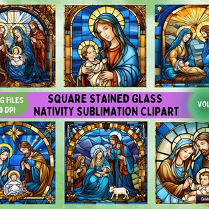 Vitrail carré Nativité de Noël Clipart Bundle Vol. 2 | 18 fichiers de sublimation religieuse PNG pour les ornements de Noël, les cartes, l’art mural
