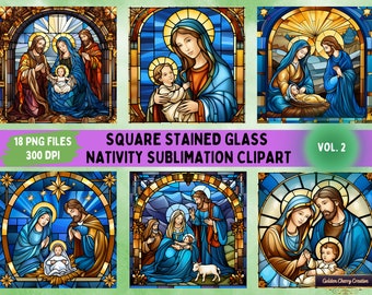 Square Stained Glass Christmas Nativity Clipart Bundle Vol. 2 | 18 PNG Religious Sublimation Files for Christmas Ornaments, Cards, Wall Art