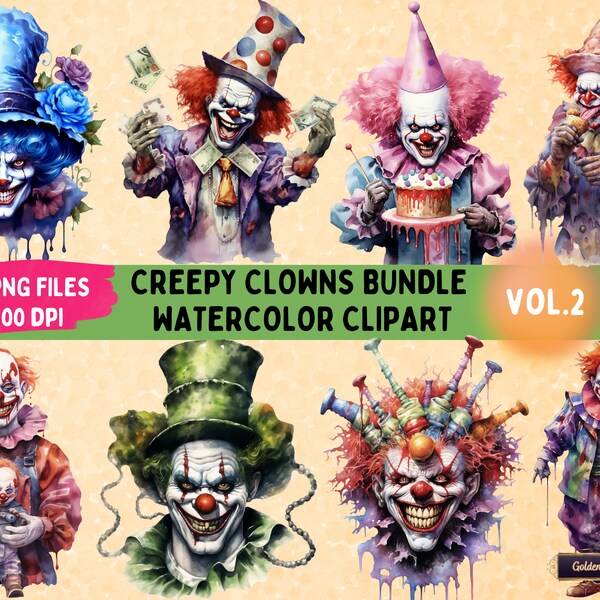 Creepy Clowns Bundle Vol. 2 | Watercolor Sublimation Clipart | 15 PNG Files