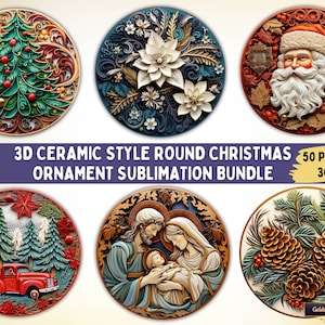 3D Keramik Stil Runde Weihnachtsverzierung Sublimationspaket | 50 PNG-Dateien | Runde Clipart Designs für Weihnachtsschmuck, Untersetzer, Tassen
