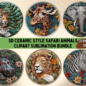 3D Keramik Stil Runde Safari Tiere Clipart Sublimationspaket | 21 PNG-Dateien für Kinderzimmer Wandkunst, Untersetzer, Tassen, Einladungen, T-shirts