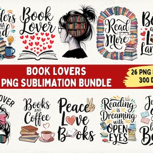 Pacote de sublimação PNG para amantes de livros | 26 designs de sublimação para amantes de livros, citações engraçadas de livros, designs de leitura para camisetas, canecas, marcadores de livros