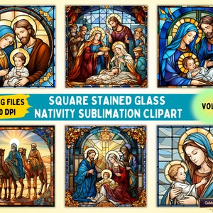 Square Stained Glass Christmas Nativity Clipart Bundle Vol. 1 | 20 PNG Religious Sublimation Files for Christmas Ornaments, Cards, Wall Art
