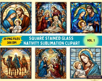 May include: A set of 20 digital clipart images depicting a Nativity scene in a stained glass style. The images are square and feature various scenes from the Nativity story, including the birth of Jesus, the three wise men, and the shepherds. The images are perfect for creating Christmas crafts, cards, and decorations.