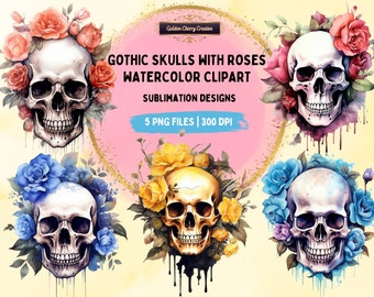 Clipart aquarelle gothique avec tête de mort et roses : lot PNG pour sublimation